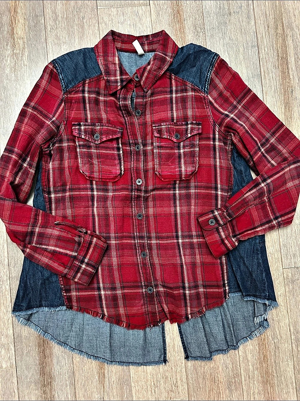 Free People Road Trip Getaway Flannel and Denim Button Down Shirt in a crimson S